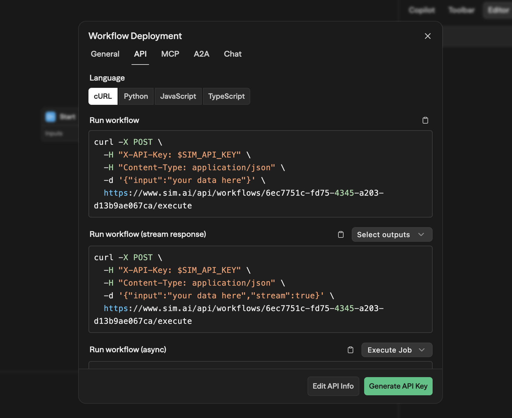 Aba API mostrando as opções de linguagem cURL, Python, JavaScript e TypeScript, com as seções de código Run workflow, Run workflow (stream response) e Run workflow (async)