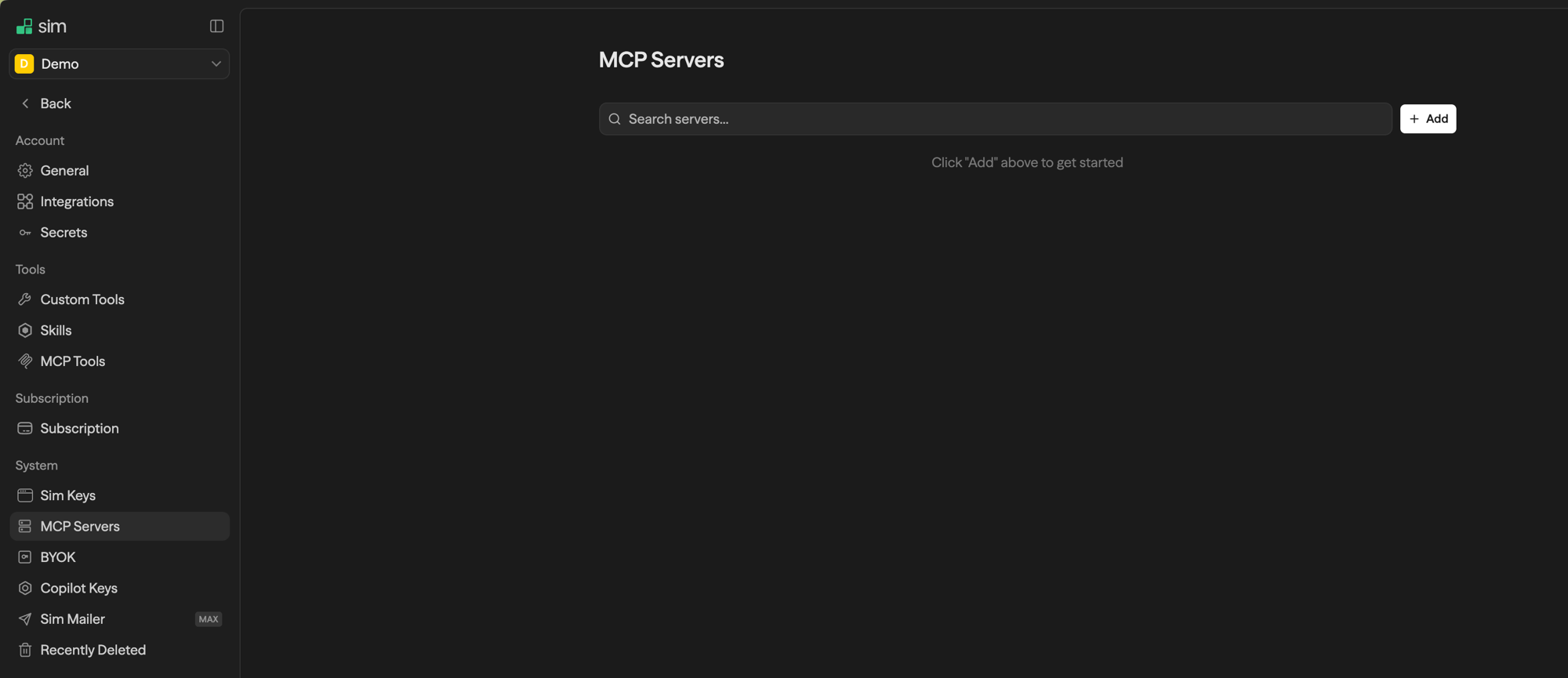 Página de configurações de MCP Servers