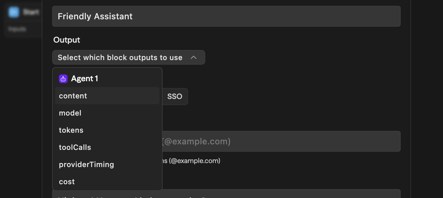 Dropdown Output mostrando o bloco Agent 1 com os campos selecionáveis: content, model, tokens, toolCalls, providerTiming, cost