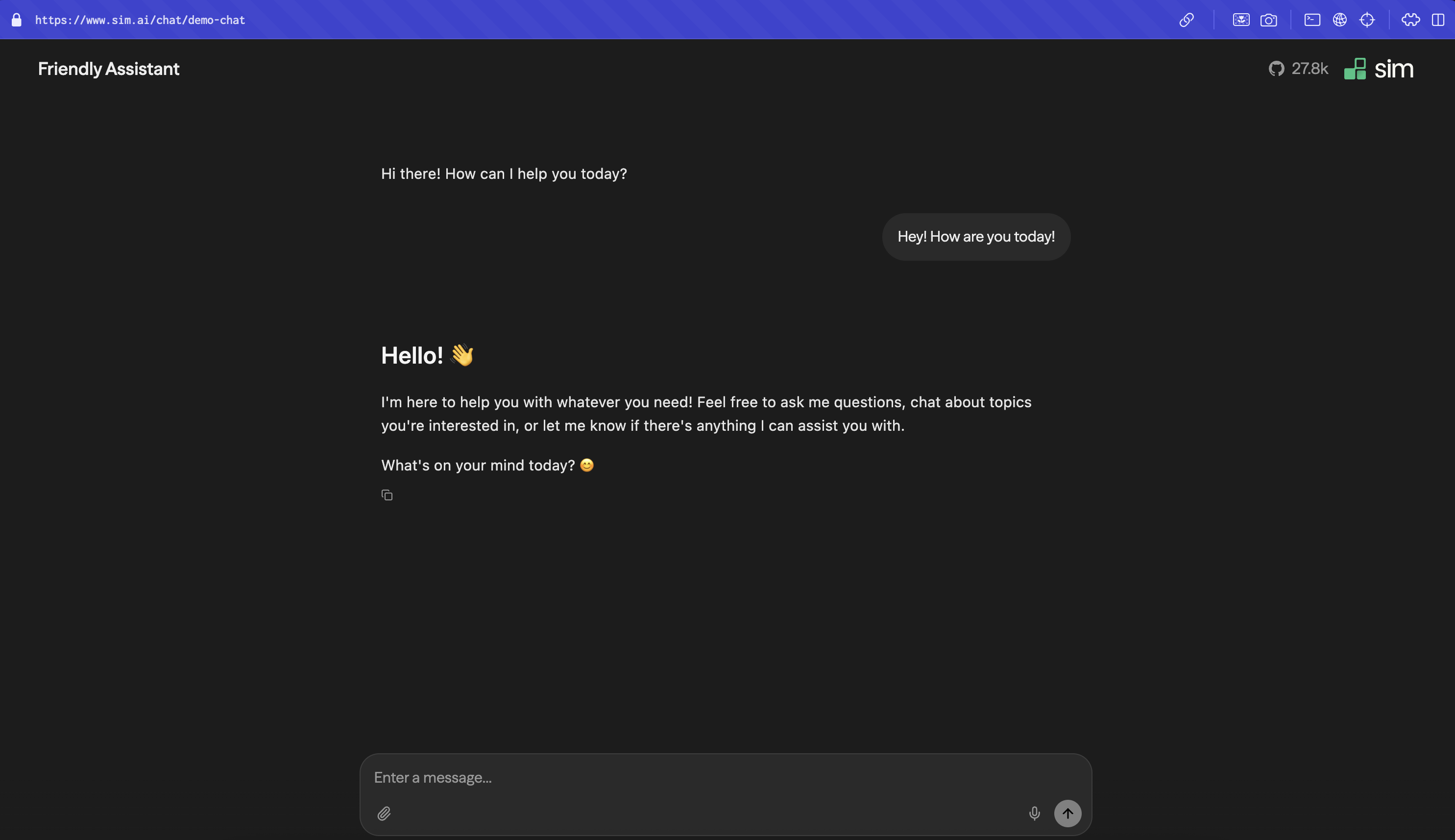 Uma interface de chat em deploy mostrando uma conversa com o Friendly Assistant