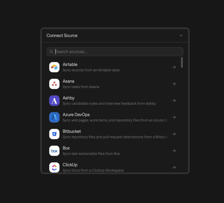 Seletor Connect Source com uma lista pesquisável dos connectors disponíveis, incluindo Airtable, Asana, Confluence, Discord, Dropbox, Fireflies, GitHub e Gmail