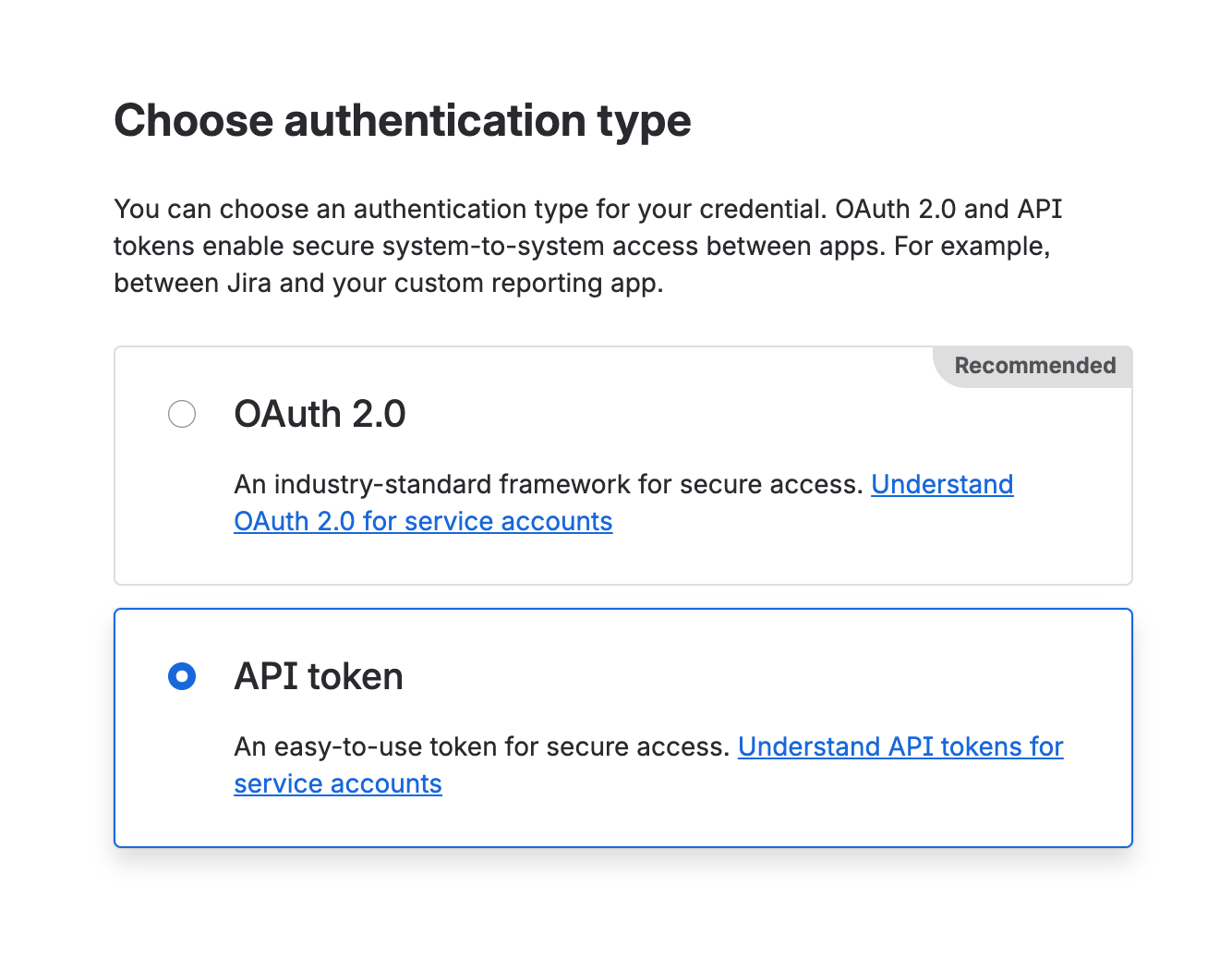 Atlassian Administration credential selector with API token selected