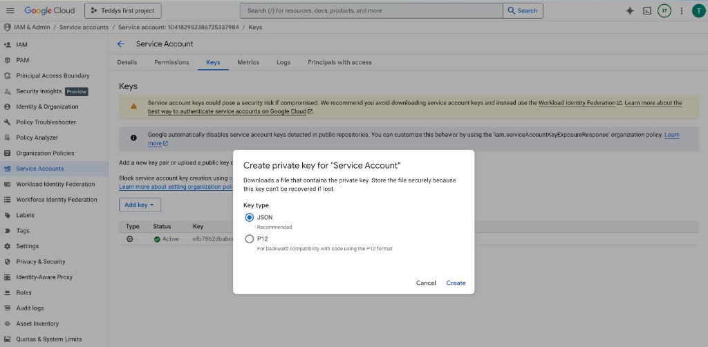 Google Cloud Console — Create private key dialog with JSON selected
