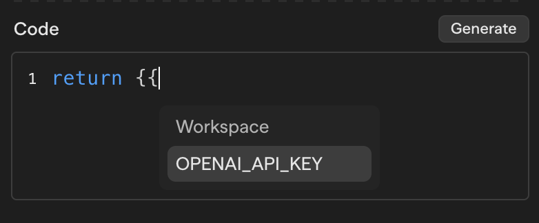 Uma referência de secret resolvida, exibida como {{OPENAI_API_KEY}}