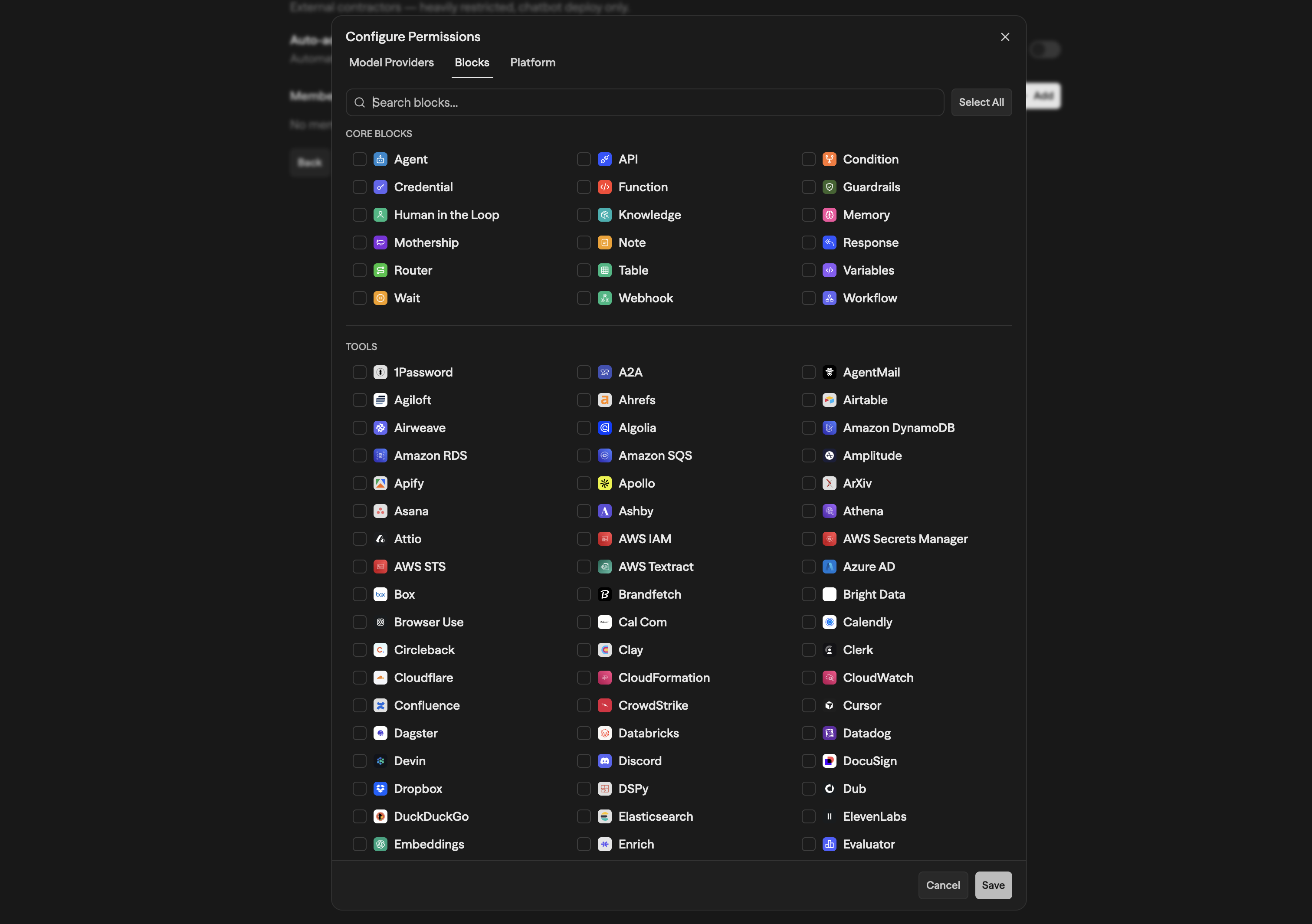 Aba Blocks mostrando Core Blocks (Agent, API, Condition, Function, Knowledge etc.) e Tools (integrações como 1Password, Ahrefs, Airtable e outras) com caixas de seleção para permitir ou restringir cada um