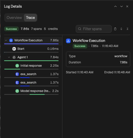 Log Details com a aba Trace aberta: os spans de uma execução de sincronização de CRM, cada block com sua duração, 11,61s no total