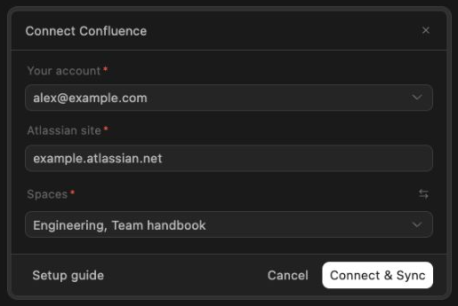 Confluence personal source setup with a saved account, Atlassian site, and selected spaces