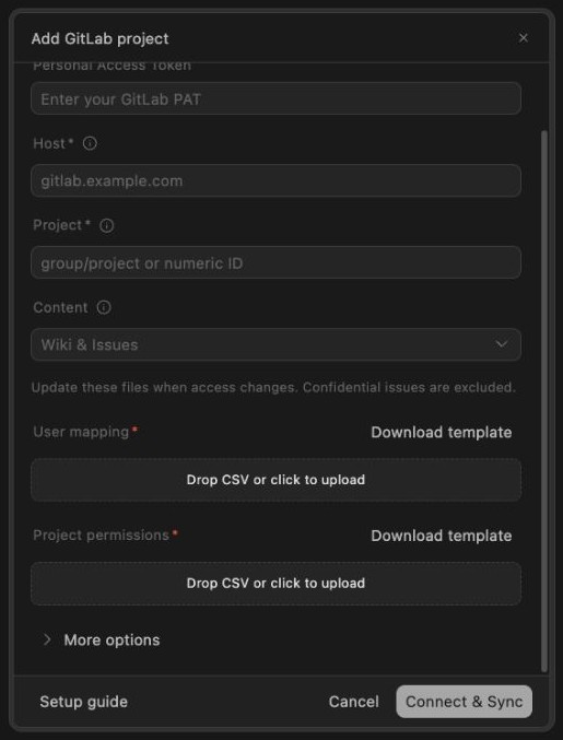 GitLab user mapping and project permissions file uploads with templates beside their titles