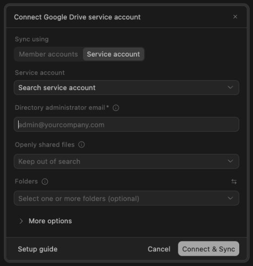 Google Drive setup with a selected service account, directory administrator email, and folder filters