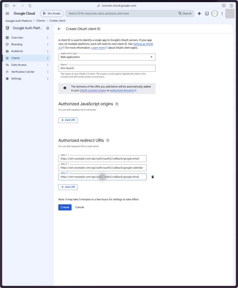 Google Cloud Web application client form with Studio's Gmail, Calendar, and Drive callback URLs