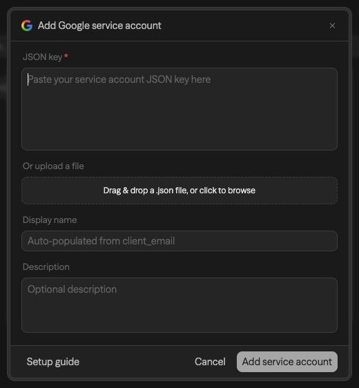 Add Google Service Account credential modal in Studio