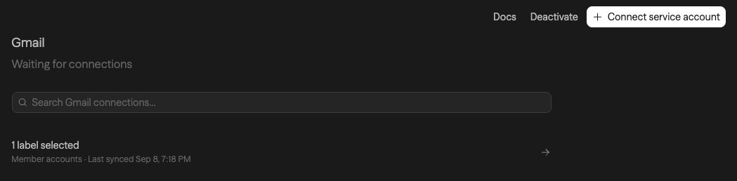 Gmail connections with the Connect service account action