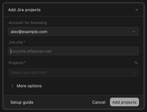 Add Jira projects with a browsing account, Jira site, and selected projects