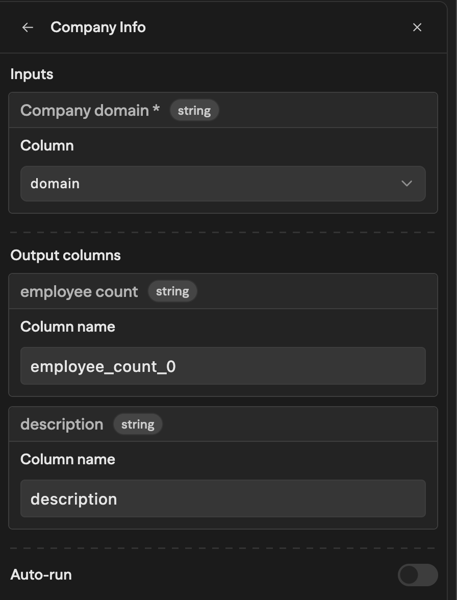 Os vínculos de um grupo: a entrada obrigatória Company domain ligada à coluna domain, e as saídas de employee count e description ligadas aos nomes de suas colunas