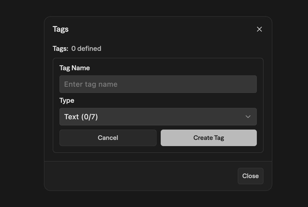 Modal Tags mostrando 0 tags definidas, o campo Tag Name e o dropdown Type ajustado para Text (0/7), com os botões Cancel e Create Tag